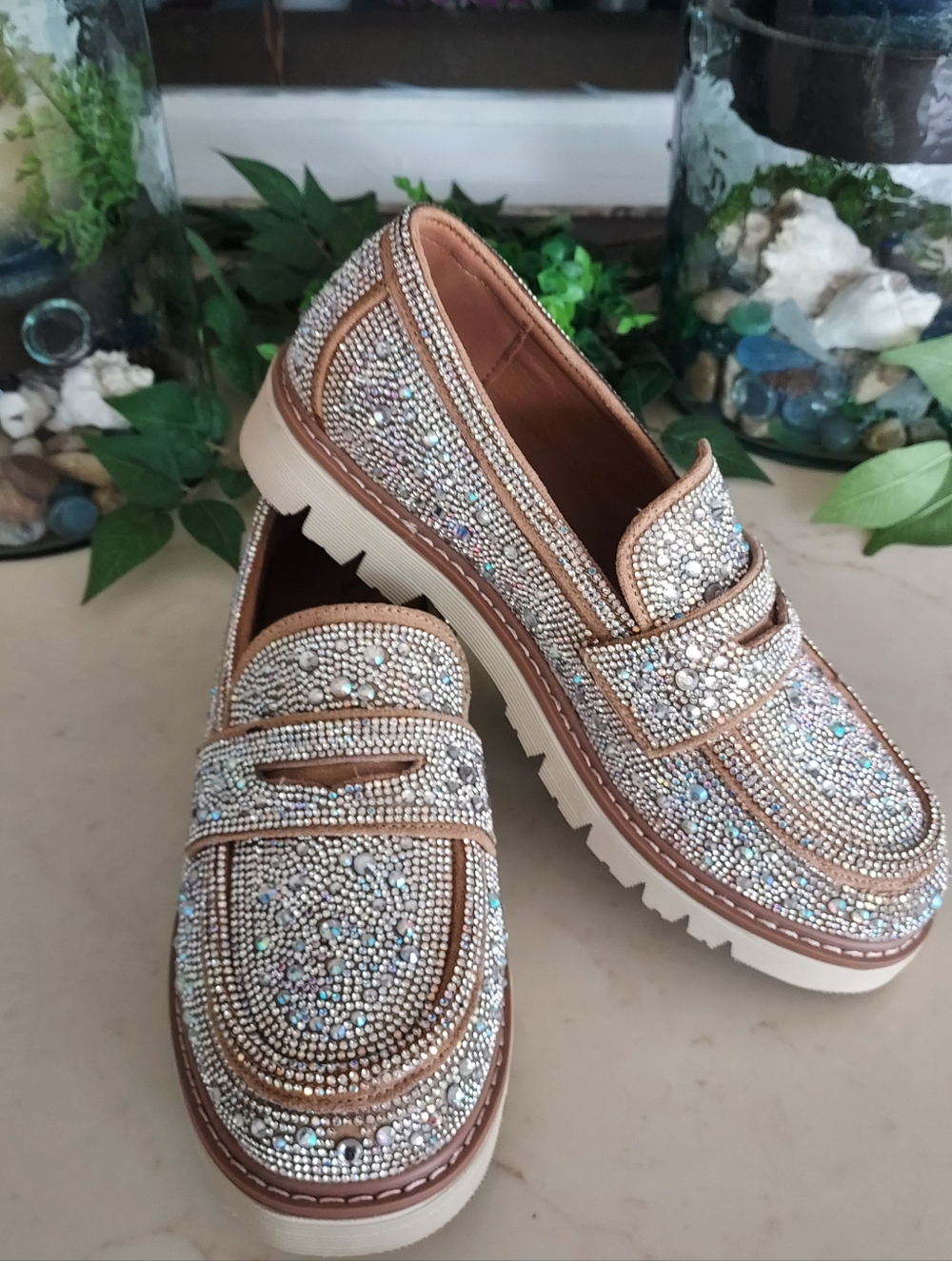 Corkys Tan Crystal Embellished Penny Loafers